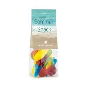 45 g Fruchtgummi-Schaumzucker-Mix im transparenten Standbeutel mit beidseitig bedruckbarem Werbereiter