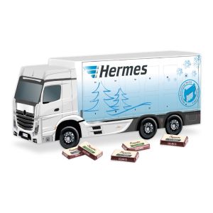 3D Adventskalender LKW mit Sarotti Schokolade Fairtrade mit Werbedruck