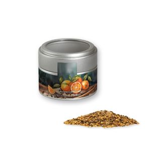 Gewürzmischung Orangen-Pfeffer in silbener Mini Metalldose mit Sichtfenster und Werbebanderole