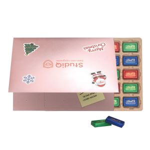 Premium Tisch-Adventskalender Flip Cover Querformat mit Lindt Schokoladentäfelchen und Papier-Inlay