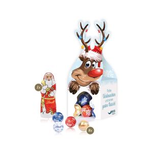 Lindt Santa & Lindt Minis in Präsentverpackung mit Rentierstanzung und Werbedruck