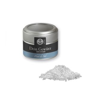 Fleur de Sel in silbener Mini Metalldose mit Sichtfenster und Werbebanderole