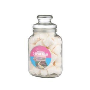 Nostalgisches Bonbonglas befüllt mit Marshmallows und einem Werbeetikett