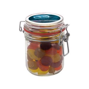 0,4 l Weckglas befüllt mit Fruchtgummi und mit Werbeetikett