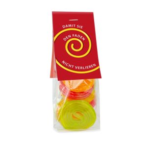 Fruchtgummi Schnecken im transparenten Standbeutel mit beidseitig bedruckbarem Werbereiter