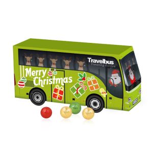 3D Adventskalender Bus mit Fairtrade Schokolade Inlay aus Papier und Rundum-Werbedruck