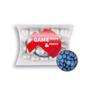 15 g blaue Schoko-Linsen in Mini-Kissen mit Tampondruck
