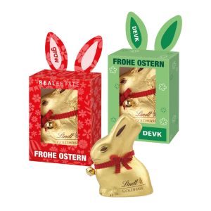 Lindt Goldhase in einer individueller Werbekartonage mit Hasenohren zum Ausklappen