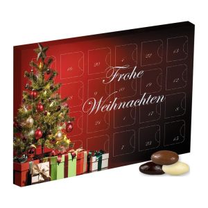 Mini Adventskalender im Querformat befüllt mit Mandel-Schoko-Trio und Werbedruck
