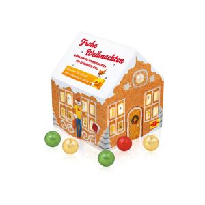 Adventskalender Haus mit Fairtrade Schokolade und Rundum-Werbedruck
