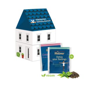 3D Präsent Haus mit Teebeutel von Meßmer und Werbedruck