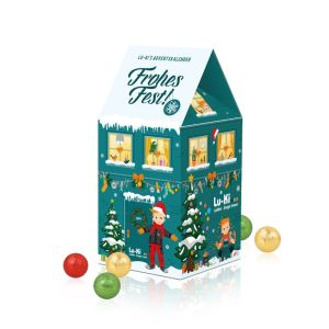 Adventskalender Haus XL mit Fairtrade Schokolade und Rundum-Werbedruck