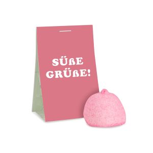 Rosa Schaumzuckerball in Naschtasche mit Werbereiter