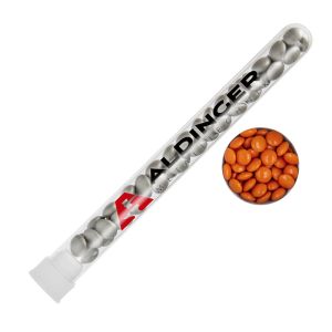 16 g orangene Schoko-Linsen im Reagenzglas mit Tampondruck