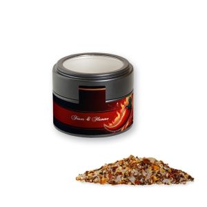 Bio Gewürzmischung Feuer und Flamme in schwarzer Mini Metalldose mit Sichtfenster und Werbebanderole