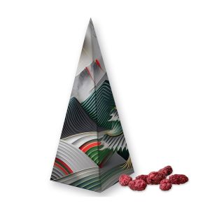 Gebrannte Mandeln Himbeere in Präsent-Pyramide mit Werbedruck