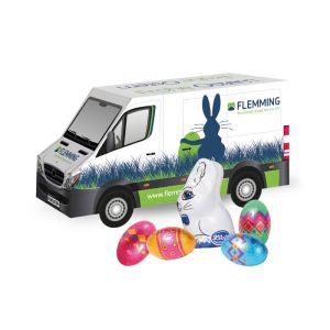 3D Präsent Transporter Ostern mit Klett Schokoladenmischung und Werbedruck