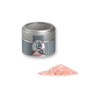 Rosa Kristallsalz in silbener Mini Metalldose mit Sichtfenster und Werbebanderole