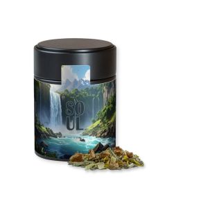 30 g Bio Kräutertee Seelenwohl in schwarzer Midi Metalldose mit Werbebanderole