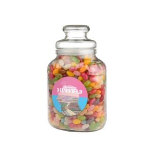 Nostalgisches Bonbonglas befüllt mit Jelly Beans und einem Werbeetikett