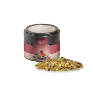 Weihnachts Gewürzmischung Fisch in schwarzer Mini Metalldose mit Sichtfenster und Werbebanderole