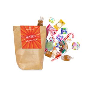 150 g bunter Mix aus Süßigkeiten-Mix 2 in brauner Papiertüte mit Werbeetikett