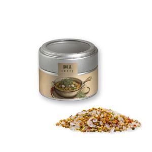 Royal Curry in silbener Mini Metalldose mit Sichtfenster und Werbebanderole