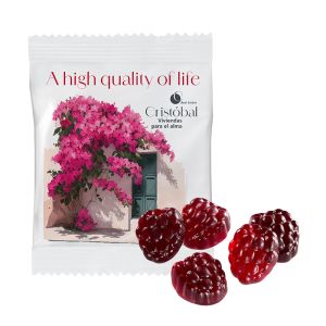 20 g veganes -80% Zucker Fruchtgummi im Werbetütchen mit Werbedruck