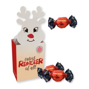 75 g Weihnachtspralinés Rentier mit Haselnusscremefüllung in Motivkartonage mit Logodruck