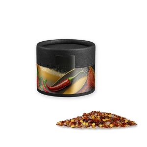 Chili-Salz in Kraftpapierdose Mini schwarz mit Werbebanderole