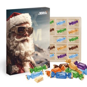 Merci Petits Adventskalender mit Werbedruck und Inlay aus Papierfaser