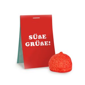 Roter Schaumzuckerball in Naschtasche mit Werbereiter