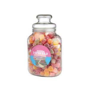 Nostalgisches Bonbonglas befüllt mit Tum Tum und einem Werbeetikett