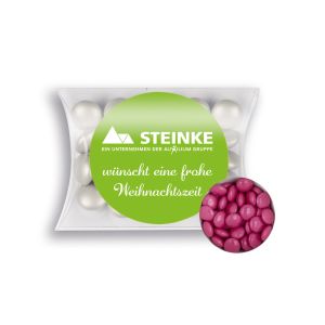 15 g pinke Schoko-Linsen in Mini-Kissen mit Werbeetikett