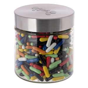 0,9 l Glastiegel befüllt mit Lakritzstäbchen Mix und Prägung auf dem Deckel