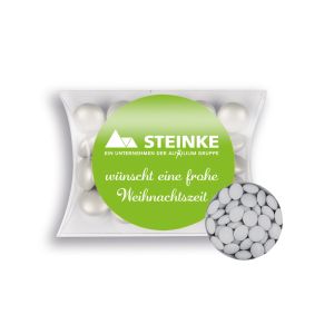 15 g weiße Schoko-Linsen in Mini-Kissen mit Werbeetikett