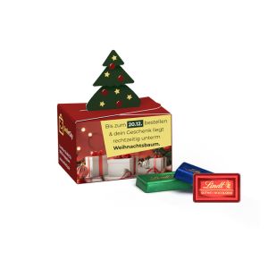 Lindt Schokotäfelchen in Geschenkbox mit Tannenbaum und Werbedruck