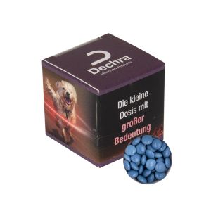 Werbewürfel mit blauen Schoko-Linsen und Werbedruck