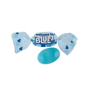 Blaues Bonbons im kompostierbaren Werbewickel mit Werbedruck