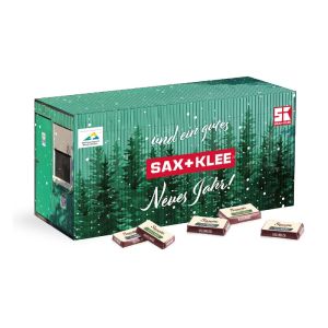 3D Adventskalender Container mit Sarotti Schokolade Fairtrade mit Werbedruck