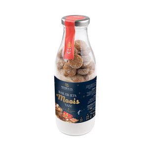 345 g niederländischer Mürbeteigkeks-Kuchenmix in Glasflasche mit Werbeetikett