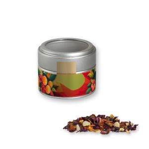 Bio Früchtetee gute Laune in silbener Mini Metalldose mit Sichtfenster und Werbebanderole