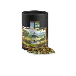 27 g Bio Kräutertee Seelenwohl in Kraftpapierdose Midi schwarz mit Werbebanderole