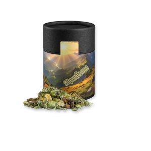 27 g Kräutertee Bergtee & Zitrus in Kraftpapierdose Midi schwarz mit Werbebanderole