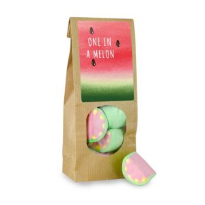 60 g Marshmallow Melonen in brauner Papiertüte mit Sichtfenster und Werbeetikett