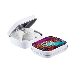 Mini Klappdeckeldose mit Pfefferminz Compli'mints 19 mm und Werbedruck