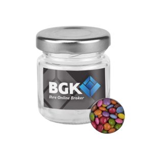 30 g Schoko-Konfetti bunt im Mini Glas mit Werbeetikett