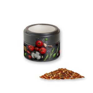 Gewürzmischung Tomate-Mozzarella in schwarzer Mini Metalldose mit Sichtfenster und Werbebanderole