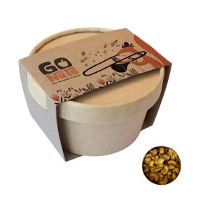 70 g BIO Snack Cup mit Curry-Cashews und einer Werbe-Pappbanderole
