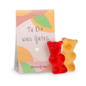 15 g Bunte Fruchtgummibären im transparenten Standbeutel mit beidseitig bedruckbarem Werbereiter